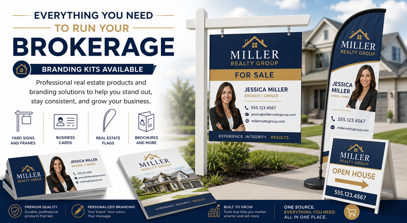 Real estate signs, riders, open-house signs, business cards & brochures — built for agents and brokerages